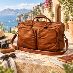 Handmade Full Grain Goat Leather Duffle Bag, Vintage Travel Weekender, Personalized Gym Bag