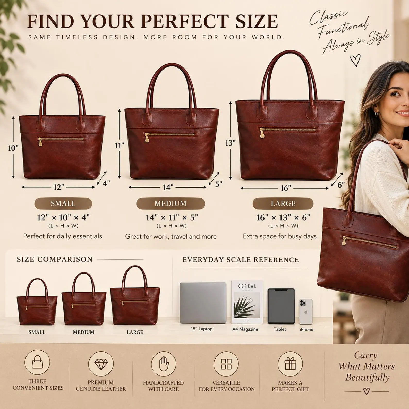 Handmade Genuine Leather Tote Bag, Personalized Work Laptop Purse (Gift for Her) - Image 4