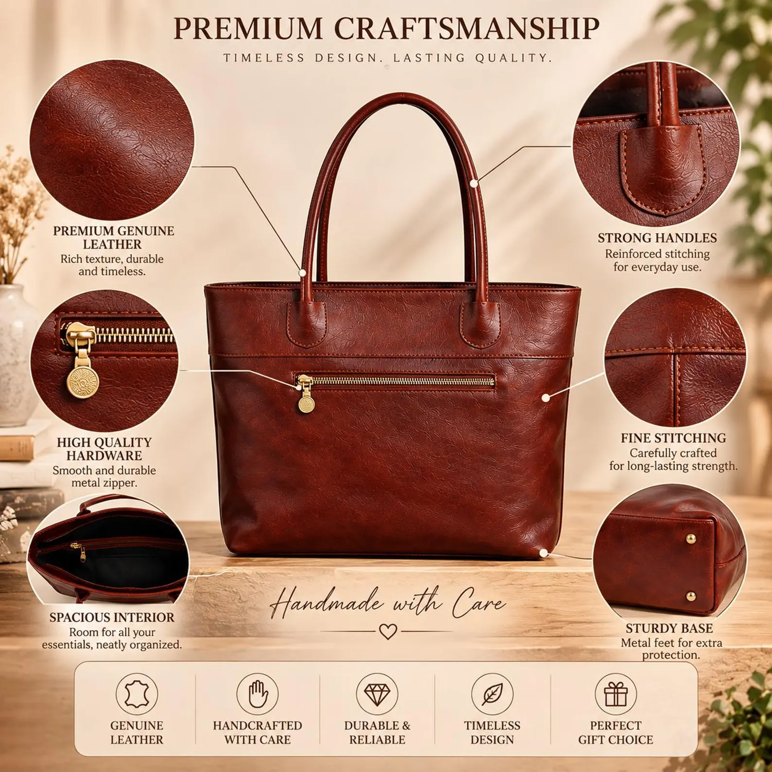 Handmade Genuine Leather Tote Bag, Personalized Work Laptop Purse (Gift for Her) - Image 5