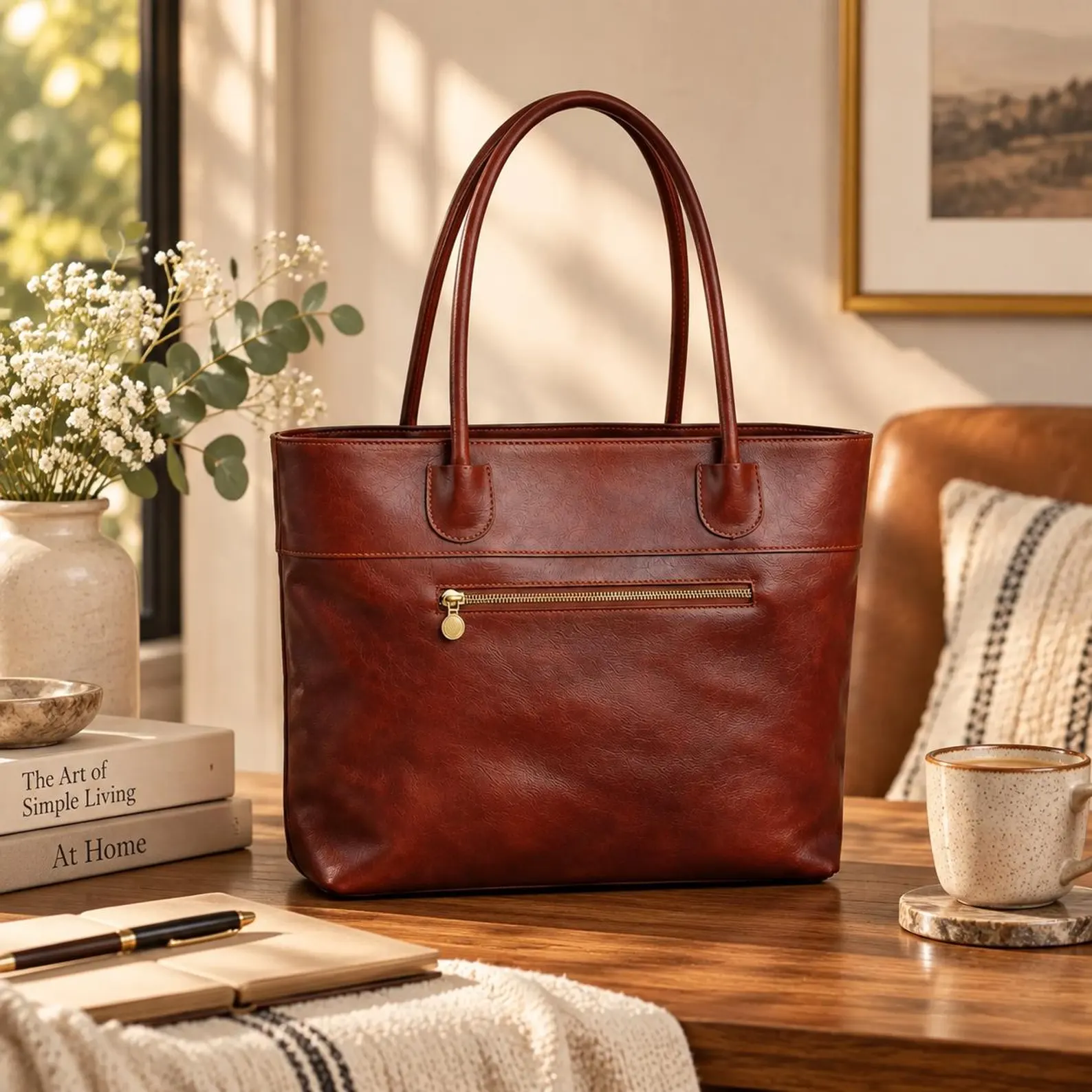 Handmade Genuine Leather Tote Bag, Personalized Work Laptop Purse (Gift for Her)