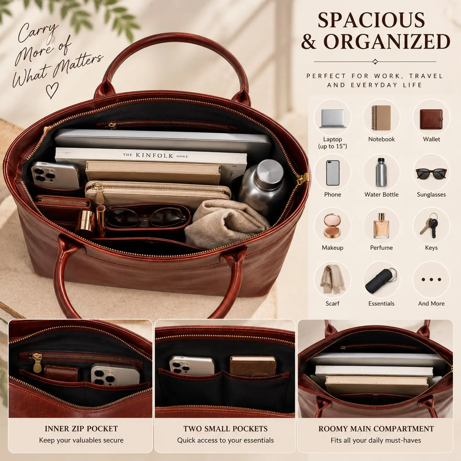 Handmade Genuine Leather Tote Bag, Personalized Work Laptop Purse (Gift for Her) - Image 2